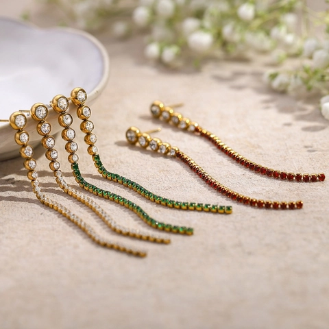 Stainless Steel Tassel Drop Earrings For Women 18K Gold Plated Rhinestone Long Chain Earrings Minimalist ins Jewelry Gift