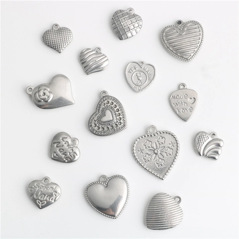 Stainless Steel Heart Pendants For DIY Jewelry Making Vintage Punk Hip Hop Silver Engraved Rose Flower Pattern Charms Metal Heart Pendant Accessories
