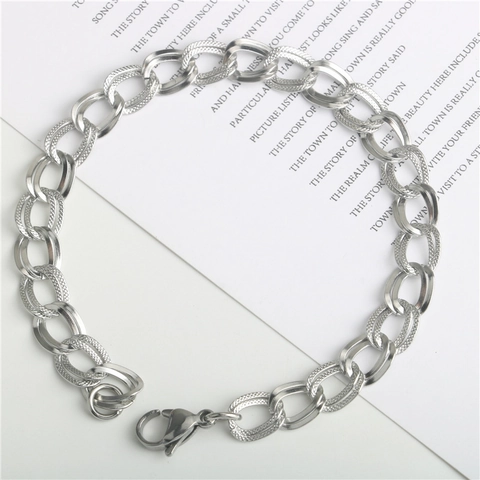 Minimalist Stainless Steel Double Loop Link Chain Bracelet For Men Women Silver Polished Engraved Textured Fashion Jewelry Gift