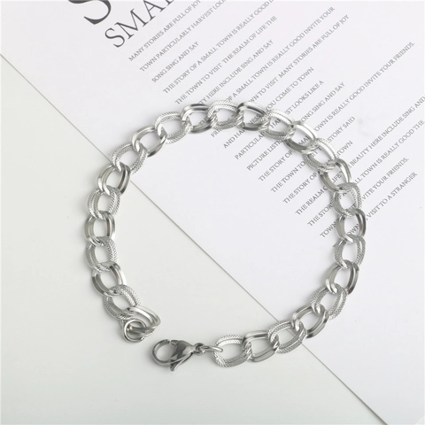 Minimalist Stainless Steel Double Loop Link Chain Bracelet For Men Women Silver Polished Engraved Textured Fashion Jewelry Gift