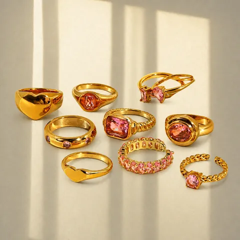Anello in Acciaio Inossidabile con Zircone per Donna Placcato Oro Cuore Taglio Smeraldo Rosa Zirconia Gioielli di Nicchia
