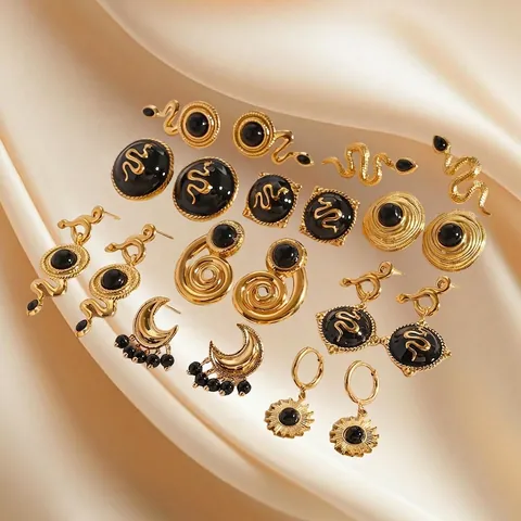 Vintage Stainless Steel Black Agate Snake Moon Sun Drop Earrings For Women Gold Plated Bohemian Jewelry Antique Ear Studs