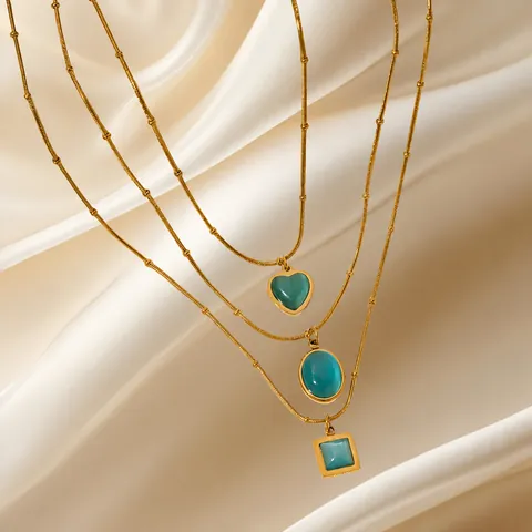 Mode Collier Pendentif en Acier Inoxydable Pierre Œil de Chat Artificielle Bleue Carré Cœur Ovale Géométrique Bijoux Or pour Femme