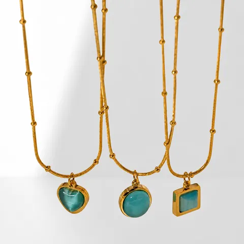 Mode Collier Pendentif en Acier Inoxydable Pierre Œil de Chat Artificielle Bleue Carré Cœur Ovale Géométrique Bijoux Or pour Femme