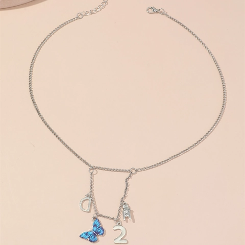Elegant Alloy Multi Pendant Necklace Silver Butterfly Letter D Number 2 Hand Gesture Charms Forest Style Necklace Jewelry