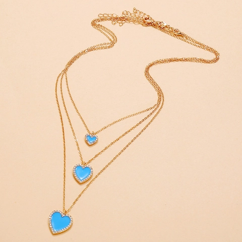 Vintage Triple Layered Alloy Heart Pendant Necklace For Women Fashion Gold Enamel Rhinestone Stacked Box Chain Necklaces