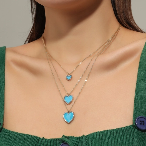 Vintage Triple Layered Alloy Heart Pendant Necklace For Women Fashion Gold Enamel Rhinestone Stacked Box Chain Necklaces