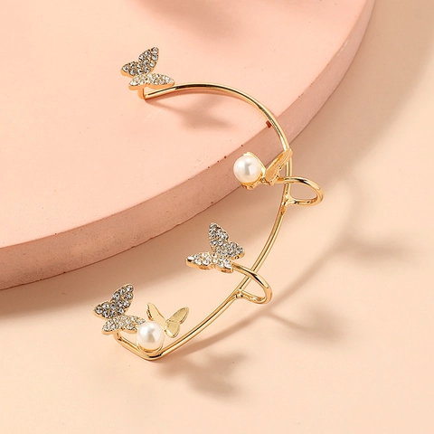 Elegant Gold Alloy Butterfly Ear Cuff For Women Non Pierced Ear Wrap With Artificial Pearl And Rhinestone Jewelry