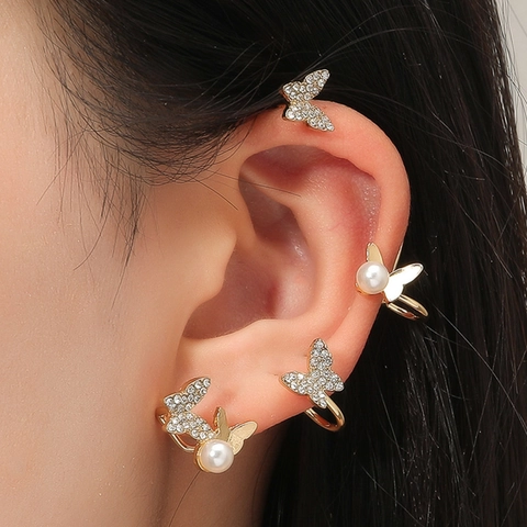 Elegant Gold Alloy Butterfly Ear Cuff For Women Non Pierced Ear Wrap With Artificial Pearl And Rhinestone Jewelry