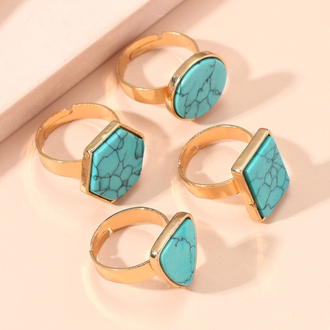 Vintage Bohemian Alloy Ring Synthetic Turquoise Inlaid Rhinestone Ethnic Adjustable Open Finger Ring Jewelry For Women Party Daily