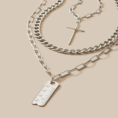 Multi-Layered Alloy Cross Ruler Pendants Chunky Chain Necklace Group For Men Women Silver Color Minimalist Jewelry