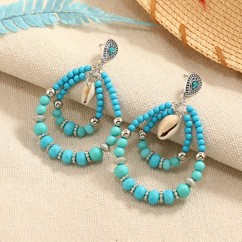 Bohemian Layered Beaded Drop Earrings For Women Vintage Ethnic Shell Alloy Rhinestone Dangle Jewelry Vacation Gift