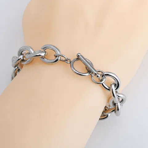 Pulsera de Cadena Gruesa de Acero Inoxidable Unisex Minimalista con Hebilla OT Cierre de Palanca Pulsera de Eslabones Hip Hop Color Plata Joyería de Mano Hombre Mujer