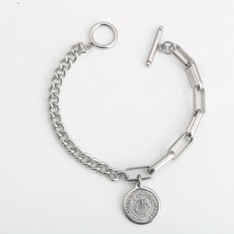 Sint Benedictus Medaille Armband Voor Heren Vrouwen Roestvrij Staal OT Gesp Paperclip Schakelketting Religieuze Sieraden