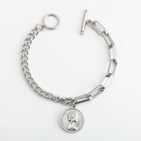 Pulsera con Colgante de Moneda de la Reina Isabel II de Acero Inoxidable Vintage Hebilla OT Cierre de Palanca Joyería Unisex
