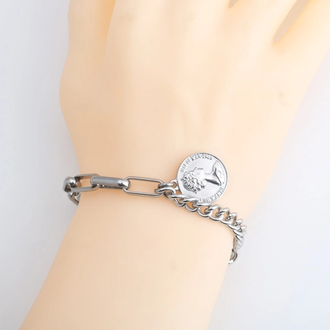 Pulsera con Colgante de Moneda de la Reina Isabel II de Acero Inoxidable Vintage Hebilla OT Cierre de Palanca Joyería Unisex