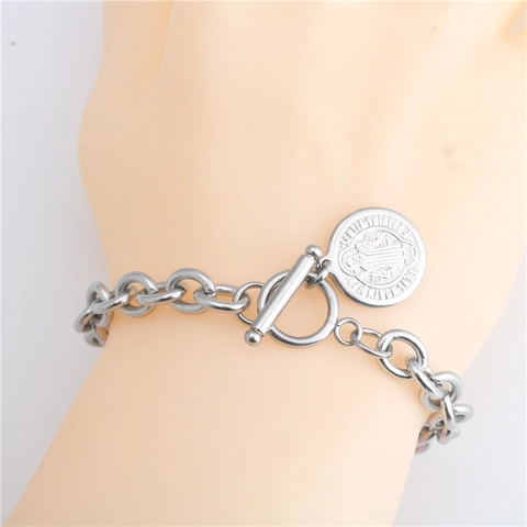 Vintage Stainless Steel Saint Benedict Medal Toggle Clasp Bracelet For Men Women Silver Link Chain Religious Amulet Jewelry