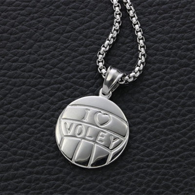 Collana con Ciondolo a Pallavolo in Acciaio al Titanio Argento I Love Volley Cuore Collana a Medaglia Rotonda Gioielli per Appassionati di Sport Regalo Uomo Donna