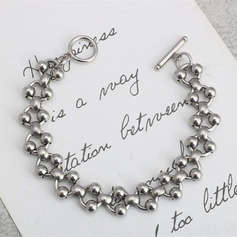 Bracelet Chaîne à Perles Rondes Évidées en Acier Titane Punk pour Hommes Femmes Minimaliste Industrie Lourde Bijoux en Métal Cadeau