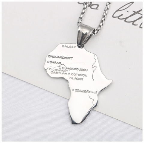 Hip Hop Africa Map Pendant Necklace Stainless Steel Engraved City Names Punk Style Jewelry For Men Women Daily Decor