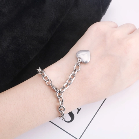 Minimalist Stainless Steel Heart Pendant Bracelet For Women Men Silver Chunky Cable Chain Link Bracelet Fashion Jewelry Gift