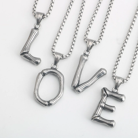 Collana con Pendente Lettera Iniziale A-Z in Acciaio Inossidabile per Uomo Donna Vintage Trama Bambù Catena Box Argento
