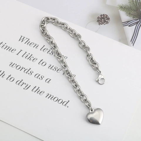 Minimalist Stainless Steel Heart Pendant Bracelet For Women Men Silver Chunky Cable Chain Link Bracelet Fashion Jewelry Gift