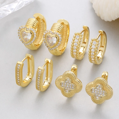 Mode Kupfer Zirkonia Herz Vierblättriges Kleeblatt Creolen Für Damen Gold Silber Plattiert Elegante Ohrstecker Schmuck Geschenk