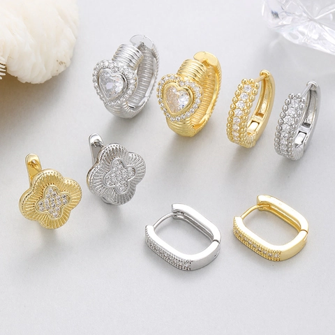 Mode Kupfer Zirkonia Herz Vierblättriges Kleeblatt Creolen Für Damen Gold Silber Plattiert Elegante Ohrstecker Schmuck Geschenk
