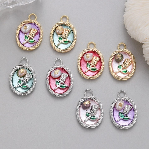 Vintage Kupfer Oval Relief Rose Emaille Anhänger Mit Künstliche Perle Süße Blume DIY Halskette Schmuckherstellung Zubehör