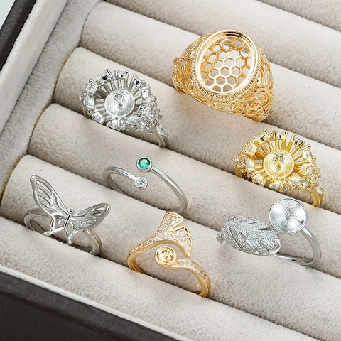 Minimalist Copper Zirconia Adjustable Open Ring Blank For Women DIY Pearl Setting Hollow Butterfly Ginkgo Fashion Ring