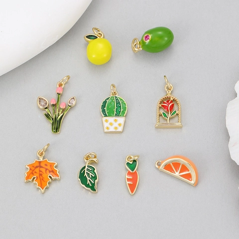 Brass Enamel Fruit Plant Charms For Jewelry Making DIY Carrot Cactus Orange Lemon Rose Leaf Pendant Jewelry Findings