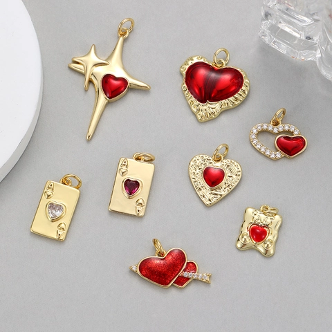 Brass Red Enamel Heart Poker Card Ace Pendant For DIY Necklace Bracelet Making Fashion Zirconia Jewelry Findings For Women