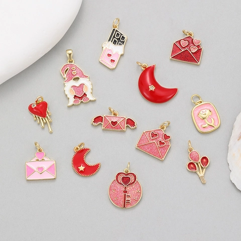 Copper Gold Plated Enamel Heart Moon Envelope Charms For DIY Jewelry Making Sweet Style Valentine Pendant For Women
