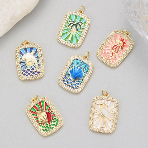 Tarot Card Style Gold Plated Copper Enamel Marine Life Pendant Zirconia Sea Snail Dolphin Sea Horse Jewelry Accessory