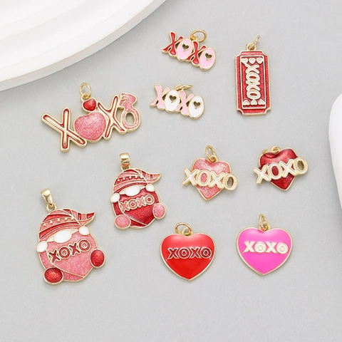 Valentine's Day DIY Heart Gnome Pendants Gold Plated Copper Enamel XOXO Charms For Handmade Necklace Bracelet Jewelry Making