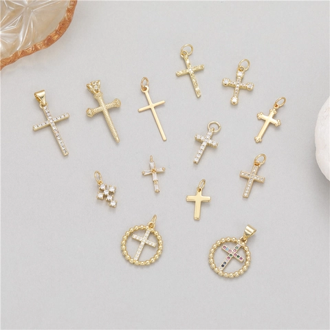 Colgante de Cruz de Cobre Dorado Con Incrustación de Circonia Accesorios de Joyería DIY para Collar Pulsera Dijes