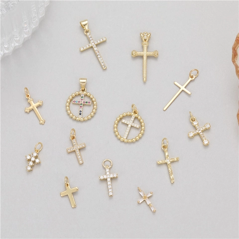 Colgante de Cruz de Cobre Dorado Con Incrustación de Circonia Accesorios de Joyería DIY para Collar Pulsera Dijes