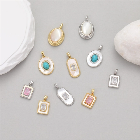 Vintage Copper Pendant Inlaid Turquoise Zirconia White Mother Of Pearl Retro Geometric Electroplated Jewelry DIY Accessory