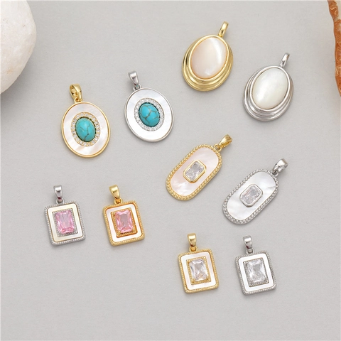 Vintage Copper Pendant Inlaid Turquoise Zirconia White Mother Of Pearl Retro Geometric Electroplated Jewelry DIY Accessory