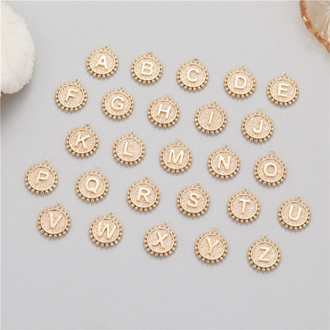 14K Gold Plated Copper Round Letter Pendants A-Z Beaded Edge Coin Alphabet Charms For DIY Necklace Bracelet Jewelry Making
