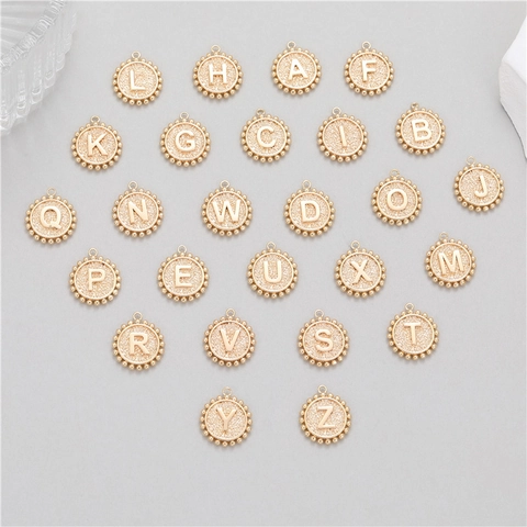 14K Gold Plated Copper Round Letter Pendants A-Z Beaded Edge Coin Alphabet Charms For DIY Necklace Bracelet Jewelry Making