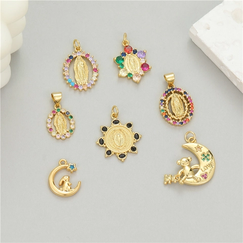 Piondolo in Ottone Placcato Oro 14K con Zirconia Religioso Vergine Maria Luna Orso Coniglio per Creazione di Gioielli DIY