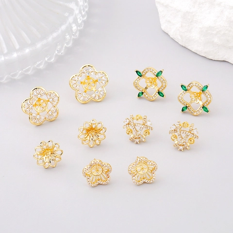 Copper Zirconia Clover Floral Ear Studs With 925 Sterling Silver Post Semi-Finished DIY Pearl Mount Earrings For Women