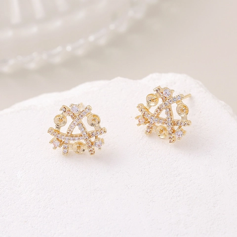 Copper Zirconia Clover Floral Ear Studs With 925 Sterling Silver Post Semi-Finished DIY Pearl Mount Earrings For Women