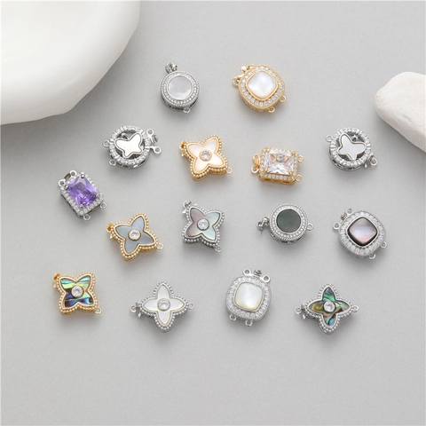 Cierres Conectores De Joyería De Bricolaje Cobre Zirconia Concha Para Collar Pulsera Trébol De Cuatro Hojas Mariposa Redondo Cuadrado Fornituras De Joyería