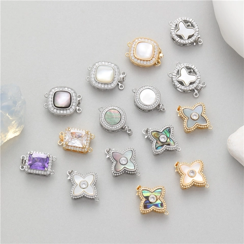 Cierres Conectores De Joyería De Bricolaje Cobre Zirconia Concha Para Collar Pulsera Trébol De Cuatro Hojas Mariposa Redondo Cuadrado Fornituras De Joyería