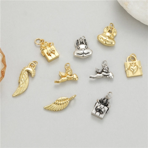Kupfer 14K Vergoldete Glatte Anhänger Für DIY Schmuckherstellung Feder Amor Hase Herzschloss Geschenkbox Nur Anhänger