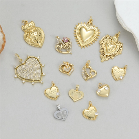 Copper Heart Pendants For Jewelry Making Gold Micro Pave Zirconia Mom Love Mama DIY Necklace Bracelet Charms Pendants