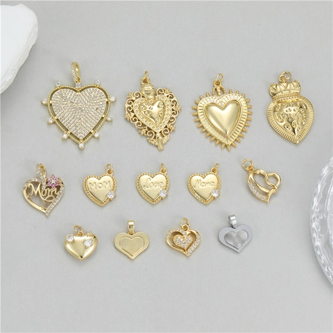 Copper Heart Pendants For Jewelry Making Gold Micro Pave Zirconia Mom Love Mama DIY Necklace Bracelet Charms Pendants
